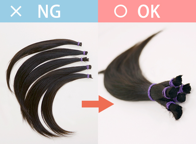 ヘアドネーションカットの前に髪をゴムで分ける
